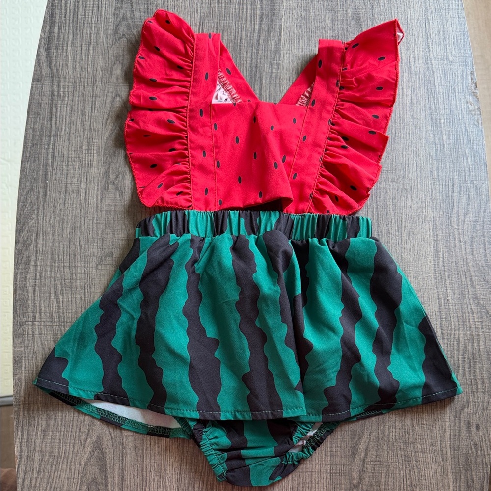 SHEIN Red and Green Watermelon Print Ruffle One-Piece Bodysuit